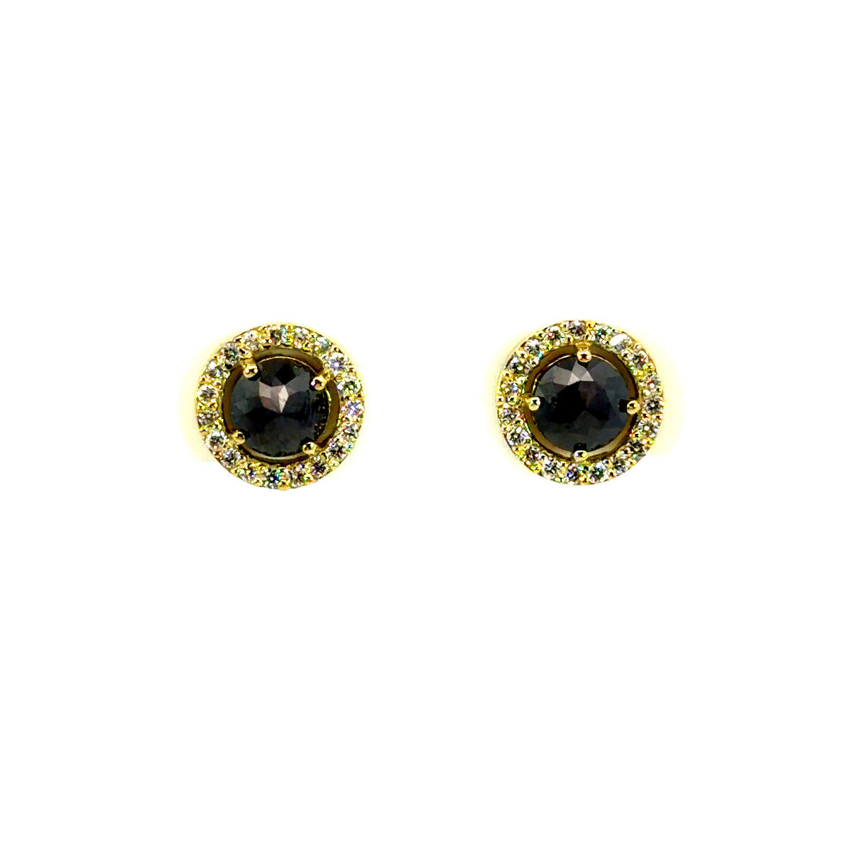 18k Yellow Gold Rose Cut Black Diamond Halo Studs