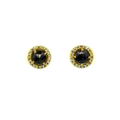 18k Yellow Gold Rose Cut Black Diamond Halo Studs