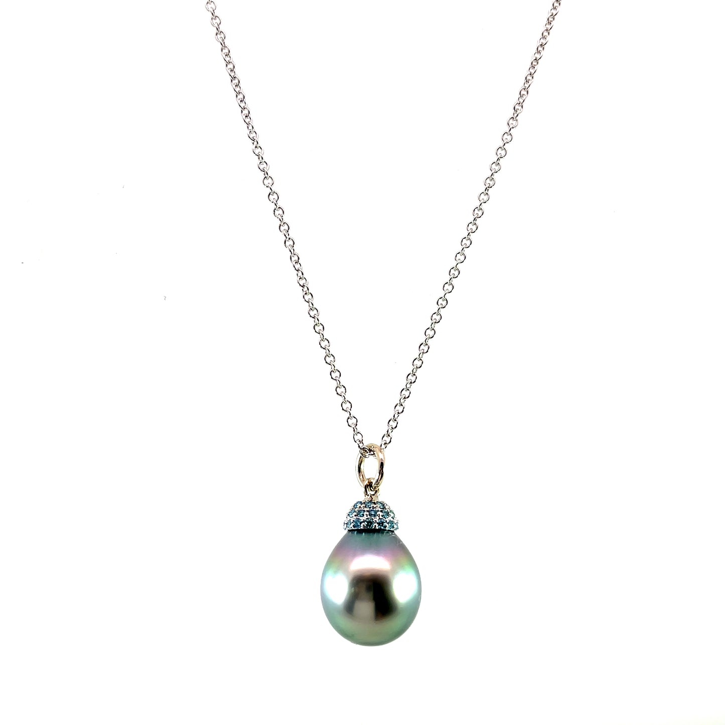 Blue-Green Tahitian Pearl Pendant Necklace with 18k White Gold and Blue Diamonds