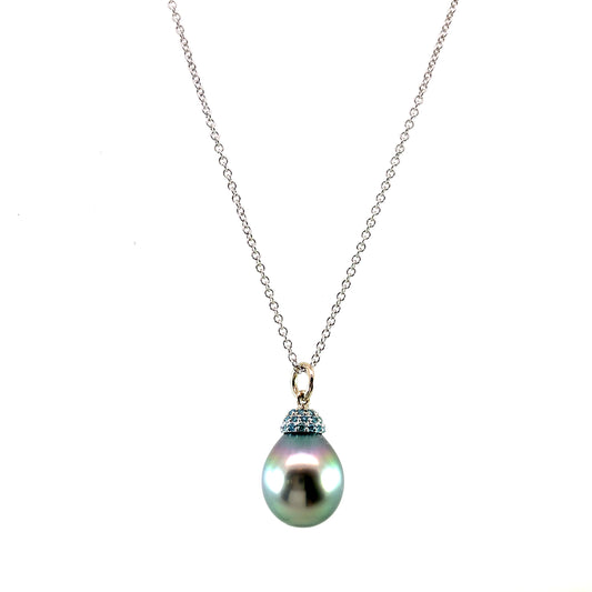 Blue-Green Tahitian Pearl Pendant Necklace with 18k White Gold and Blue Diamonds