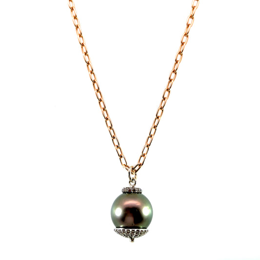 Dark Grey-Brown Tahitian Pearl Pendant with 18k White Gold and Cognac Diamonds