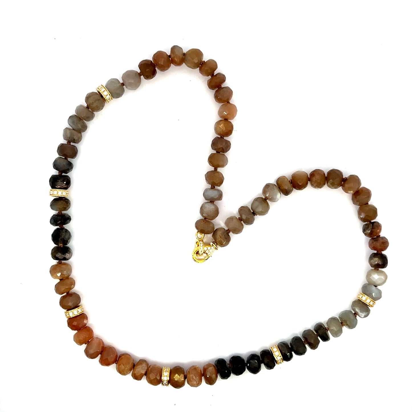 Brown Moonstone Necklace with 18k Yellow Gold and Diamond Beads and Clasp