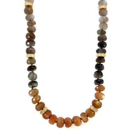 Brown Moonstone Necklace with 18k Yellow Gold and Diamond Beads and Clasp