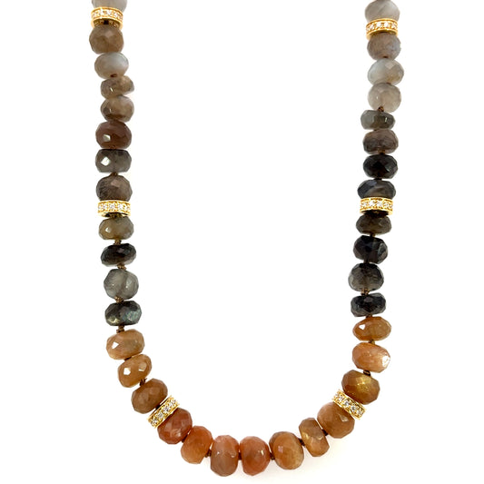 Brown Moonstone Necklace with 18k Yellow Gold and Diamond Beads and Clasp