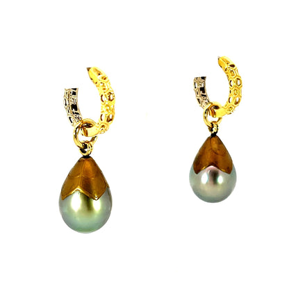 Gold Petal Maki-e Tahitian Drop Pearl Earring Jackets