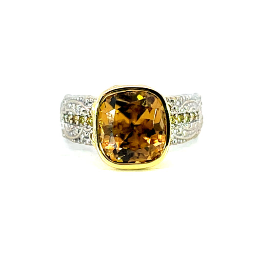 Two-Tone 18k Gold Zircon Ring with Yellow Diamonds