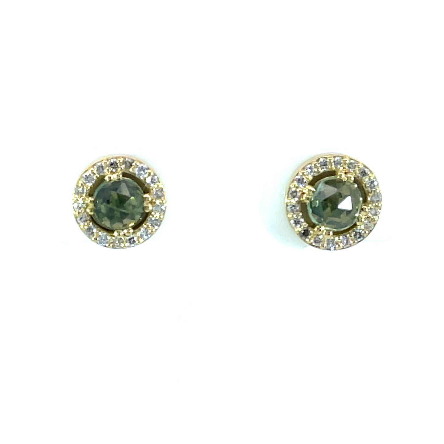 Green Sapphire Halo Studs with Champagne Diamonds