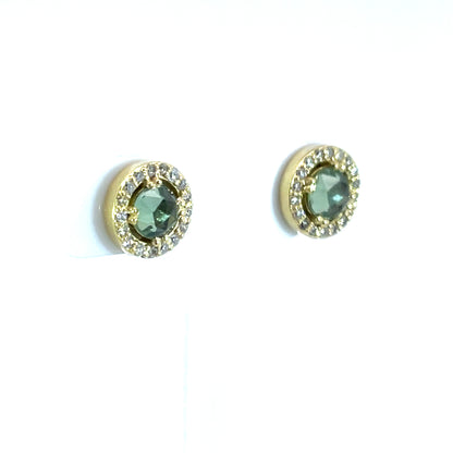 Green Sapphire Halo Studs with Champagne Diamonds