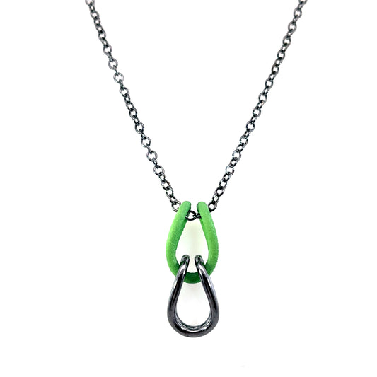 Green Nylon and Oxidized Sterling Silver Pendant Necklace