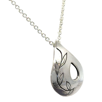 Hand Engraved Sterling Silver Botanical Teardrop Pendant