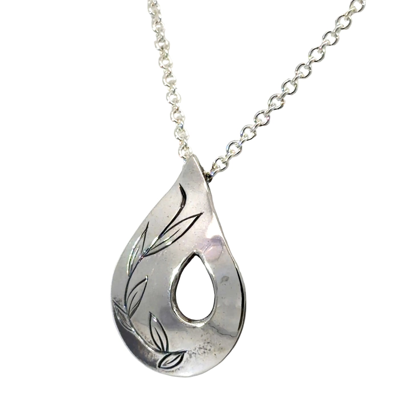 Hand Engraved Sterling Silver Botanical Teardrop Pendant