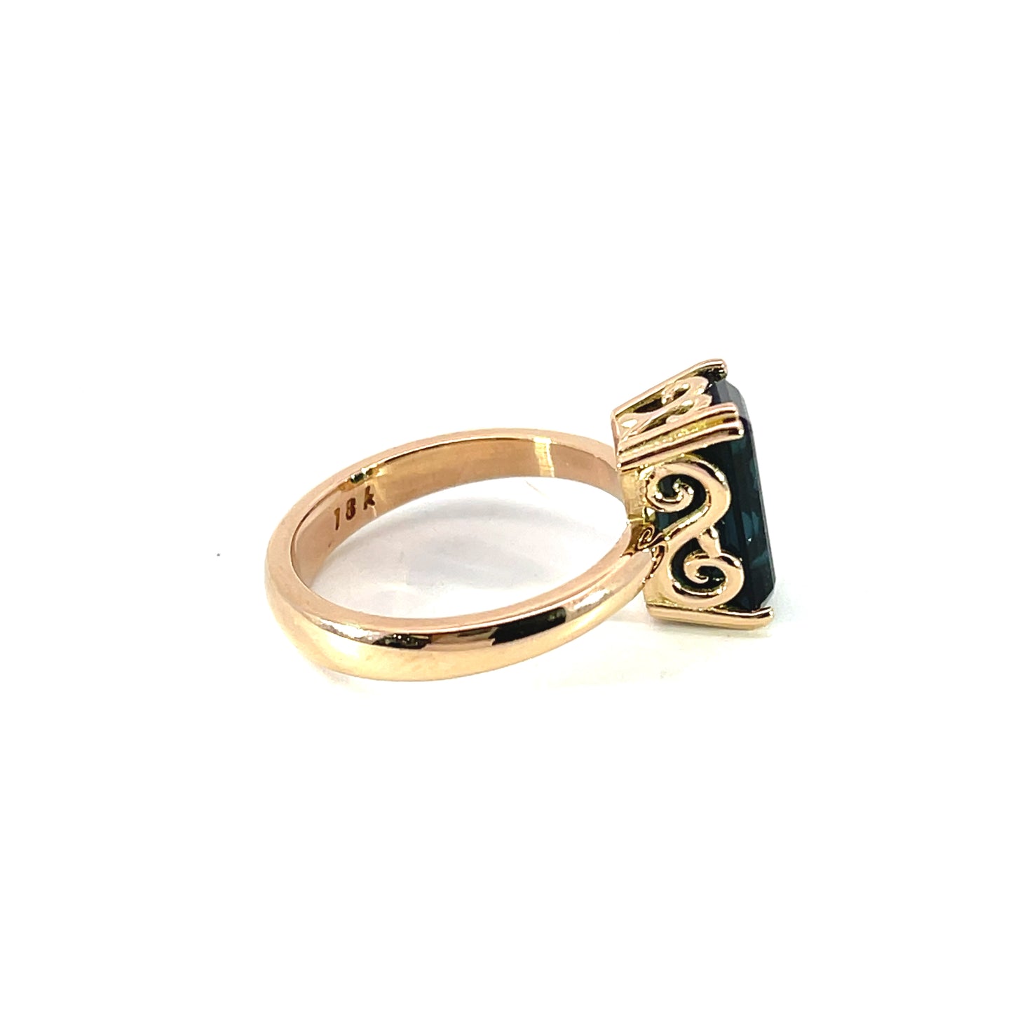 Octagon Cut Indicolite Tourmaline Scroll Ring with 18k Rose Gold