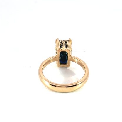 Octagon Cut Indicolite Tourmaline Scroll Ring with 18k Rose Gold