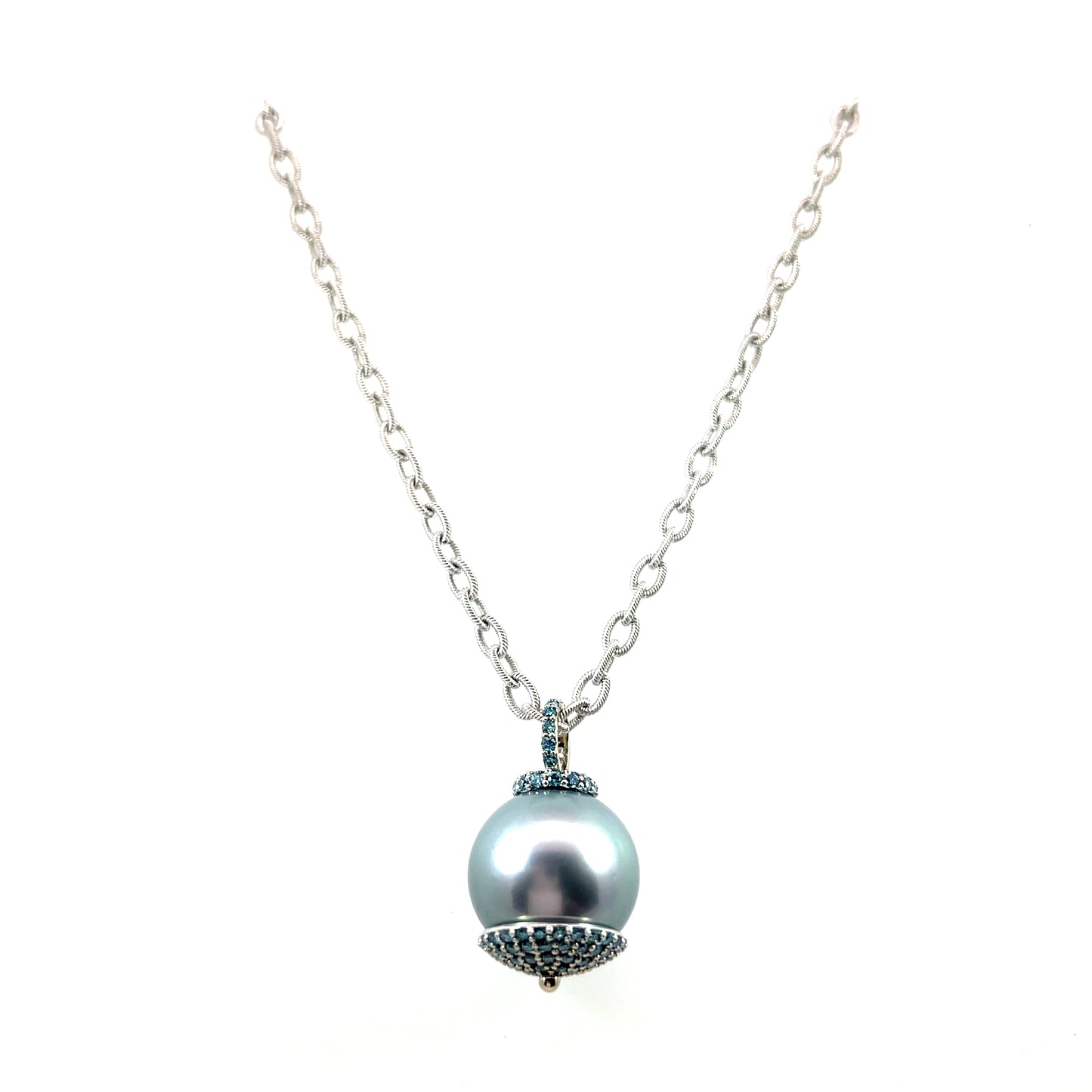 Light Grey-Blue Tahitian Pearl Pendant with 18k White Gold and Blue Diamonds