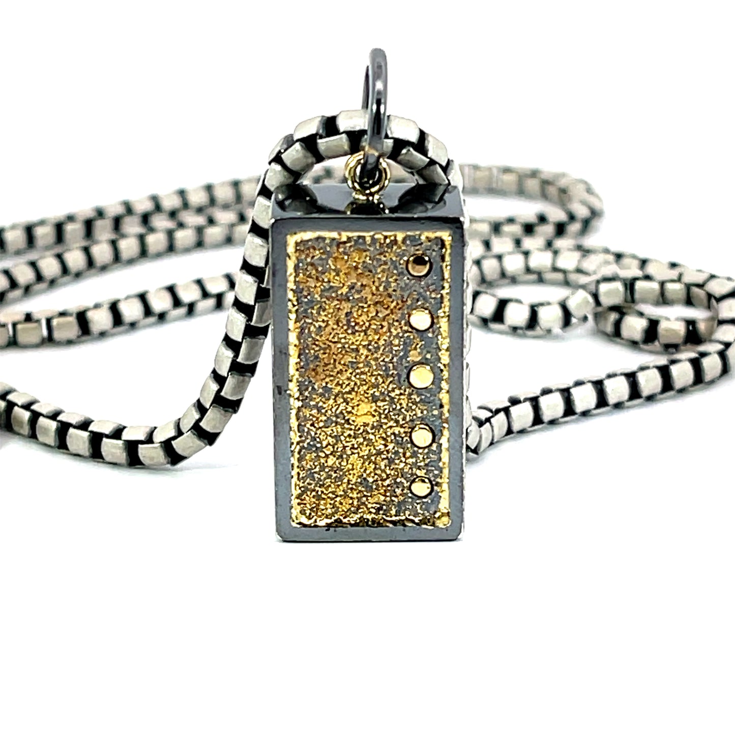 Men's Oxidized Sterling Silver Rectangular Pendant with 18k Yellow Gold Rivets and 24k Gold Detailing