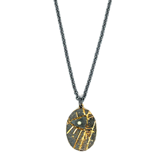 Oxidized Sterling Silver Men's Pendant with 18k Yellow Gold and a Green Diamond