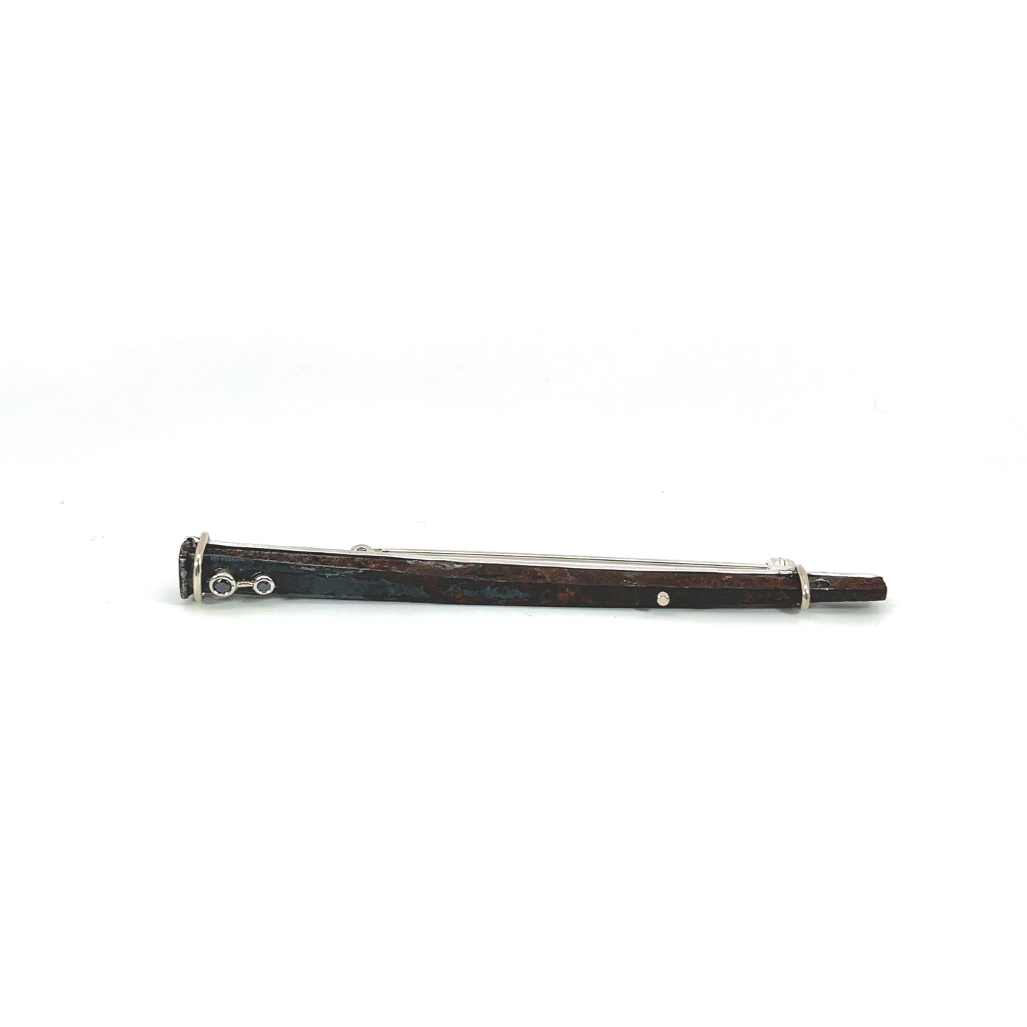 Rusted Nail Brooch with Black Diamonds Set in 18k White Gold