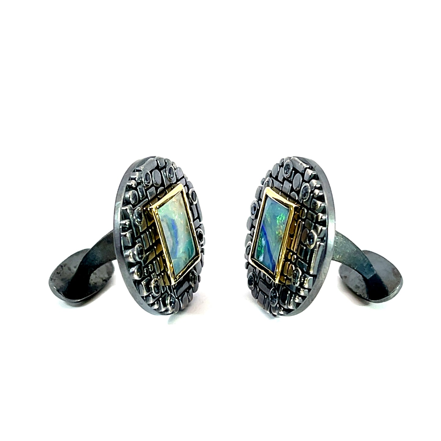 Opal and Sapphire Bits and Pieces Cufflinks with Oxidized Sterling Silver and 18k Yellow Gold