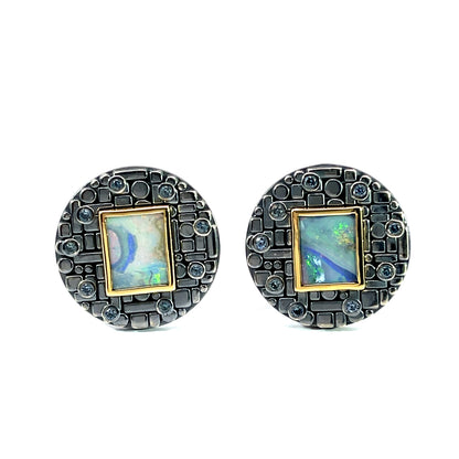 Opal and Sapphire Bits and Pieces Cufflinks with Oxidized Sterling Silver and 18k Yellow Gold