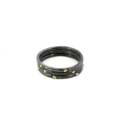 Oxidized Sterling Silver 3 Stacking Rings with 18k Yellow Gold