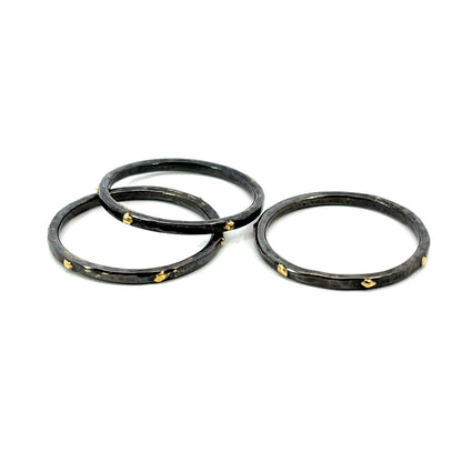 Oxidized Sterling Silver 3 Stacking Rings with 18k Yellow Gold