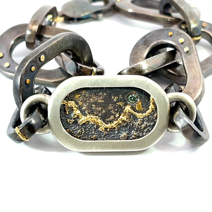 Oxidized Sterling Silver Men's Chain Bracelet with 18k Yellow Gold and a Green Diamond