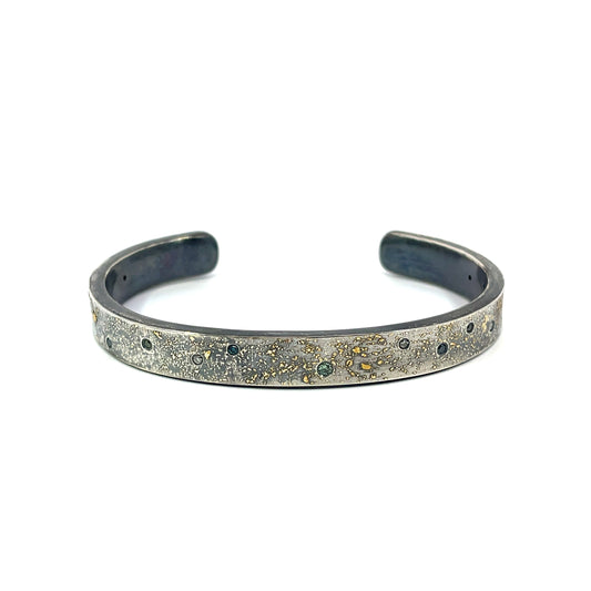 Narrow Oxidized Sterling Silver Cuff with 24k Yellow Gold "Fairy Dust" and Multiple Colored Diamonds