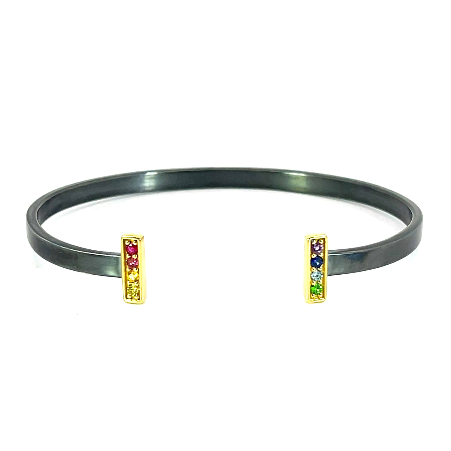 Oxidized Sterling Silver and 18k Yellow Gold Bracelet with Rainbow Gemstones