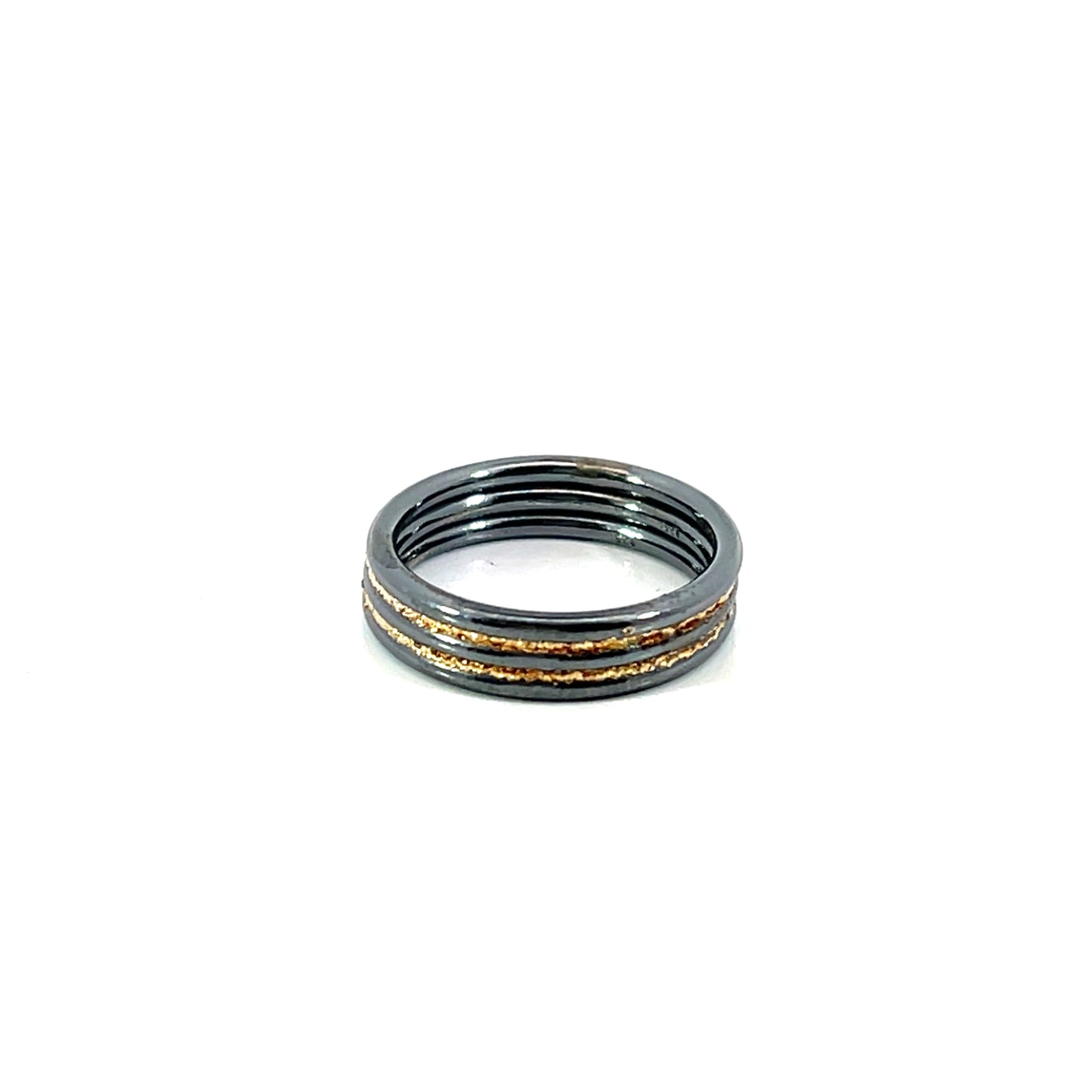 (Size 5) Oxidized Sterling Silver and 14k Yellow Gold Triple Band Ring