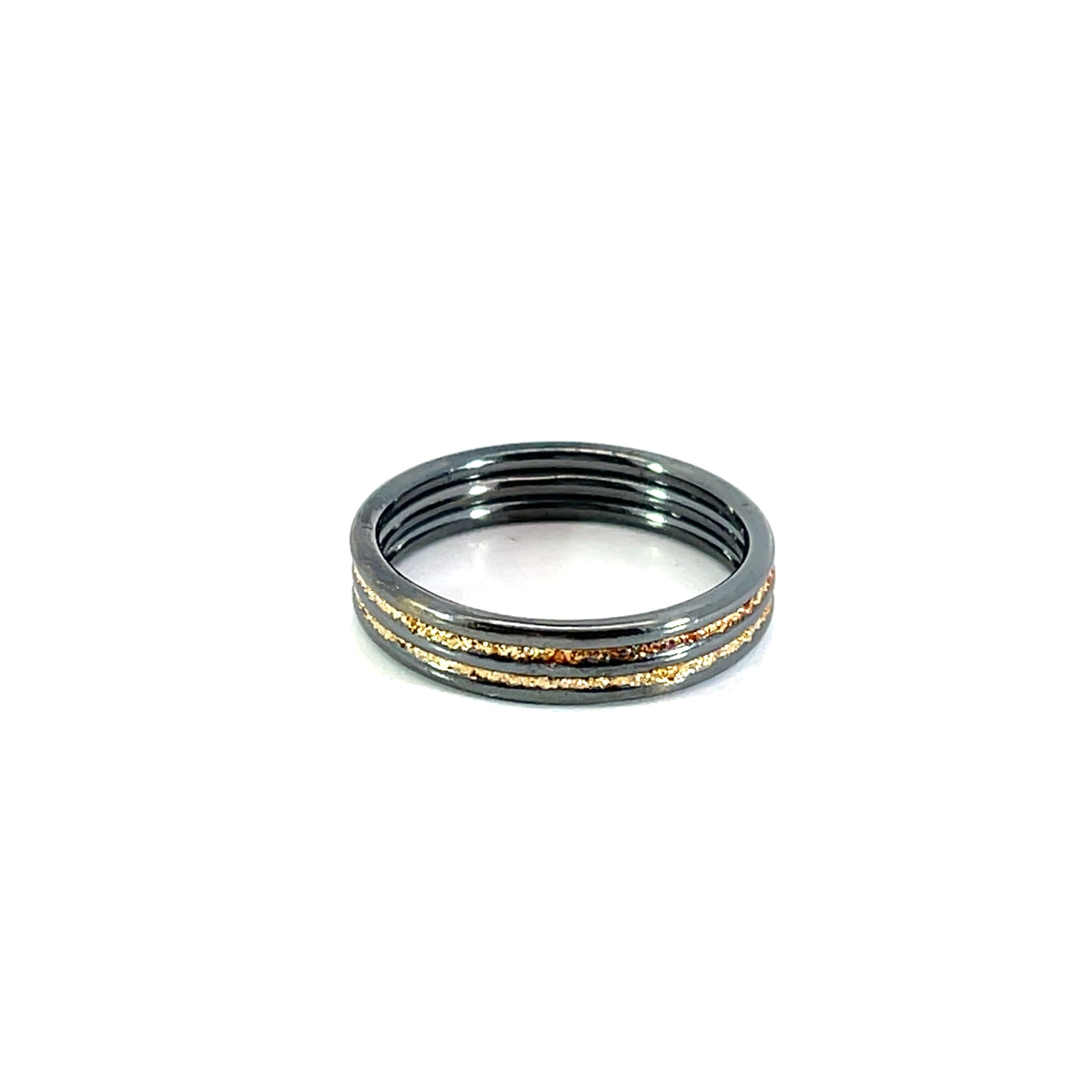 (Size 7) Oxidized Sterling Silver and 14k Yellow Gold Triple Band Ring