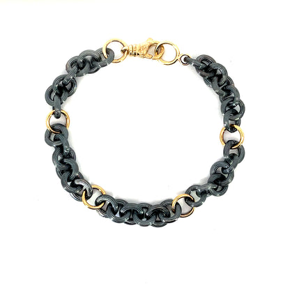 Oxidized Sterling Silver and 18k Yellow Gold Chain Link Bracelet