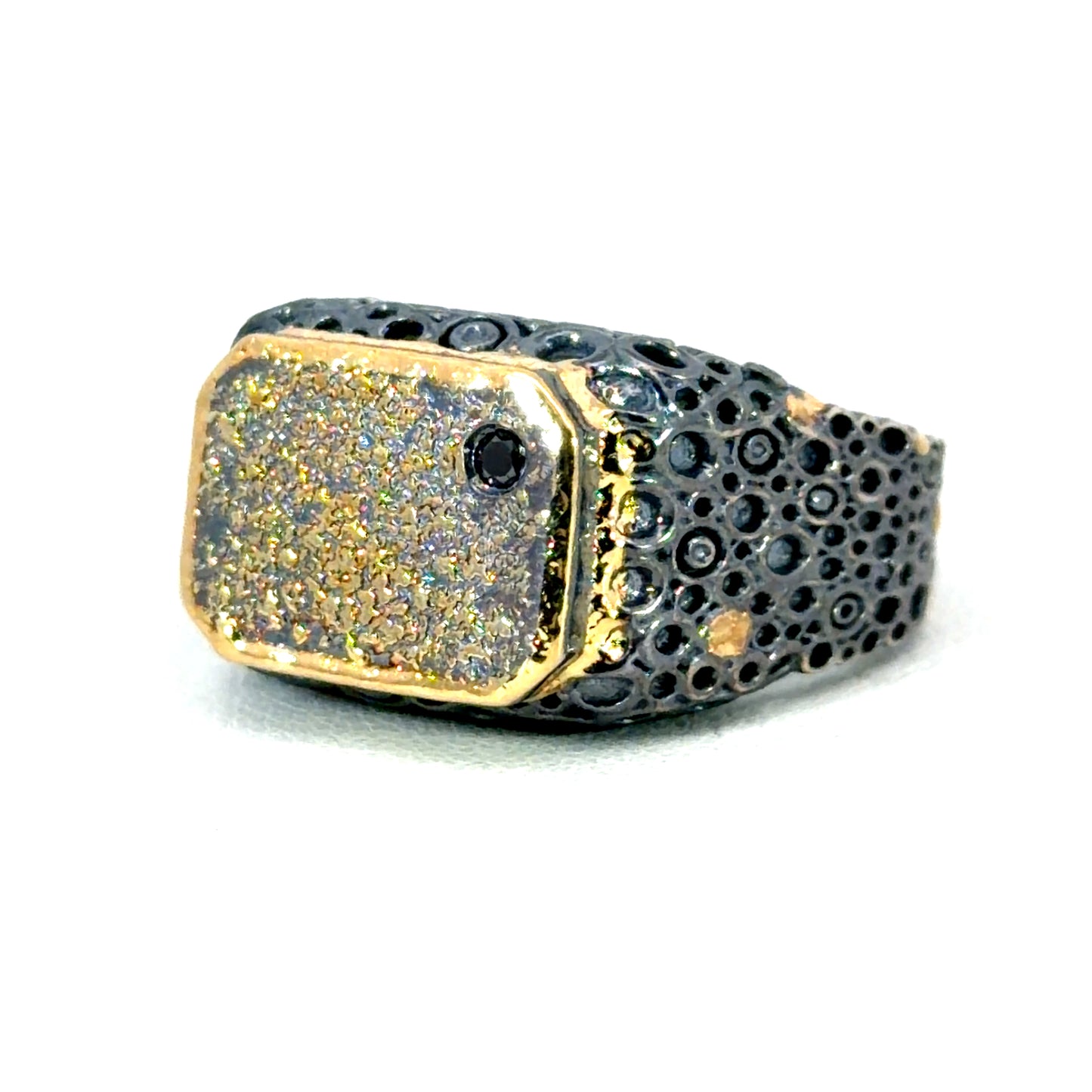 Mens "O" Style Oxidized Sterling Silver and Yellow Gold Ring with Black Diamond
