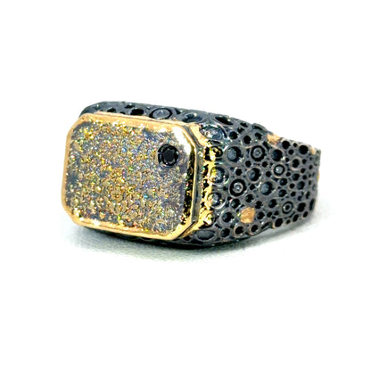 Mens "O" Style Oxidized Sterling Silver and Yellow Gold Ring with Black Diamond