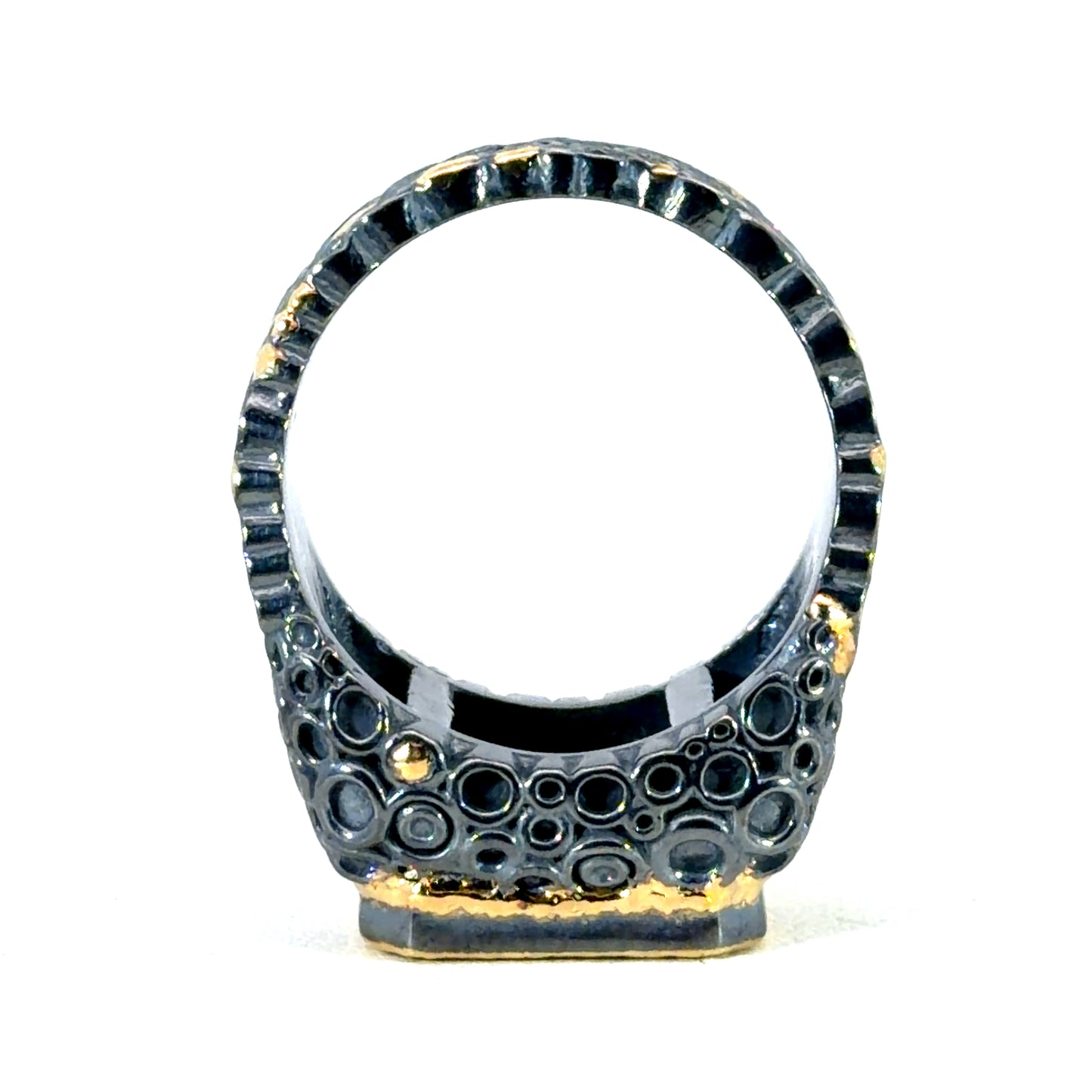 Mens "O" Style Oxidized Sterling Silver and Yellow Gold Ring with Black Diamond