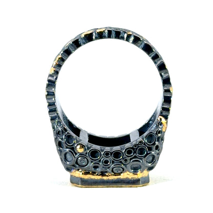 Mens "O" Style Oxidized Sterling Silver and Yellow Gold Ring with Black Diamond