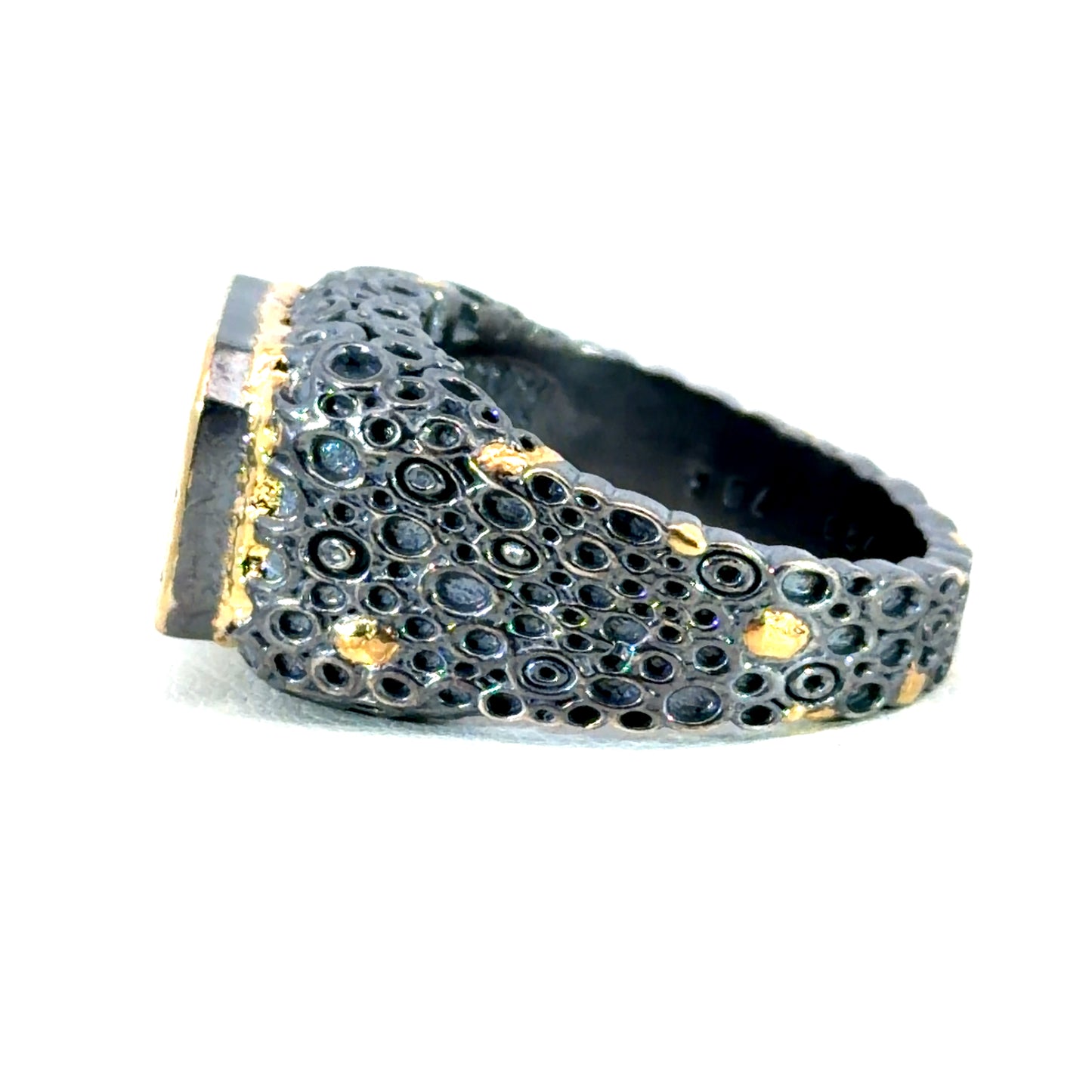 Mens "O" Style Oxidized Sterling Silver and Yellow Gold Ring with Black Diamond