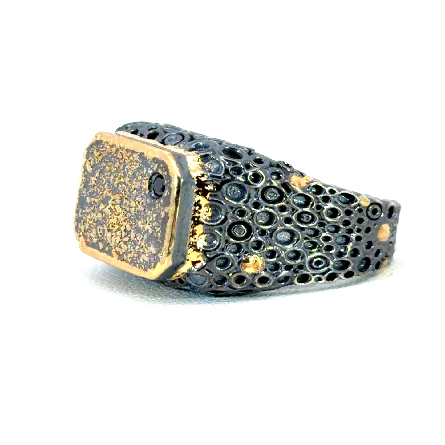 Mens "O" Style Oxidized Sterling Silver and Yellow Gold Ring with Black Diamond