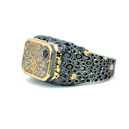 Mens "O" Style Oxidized Sterling Silver and Yellow Gold Ring with Black Diamond