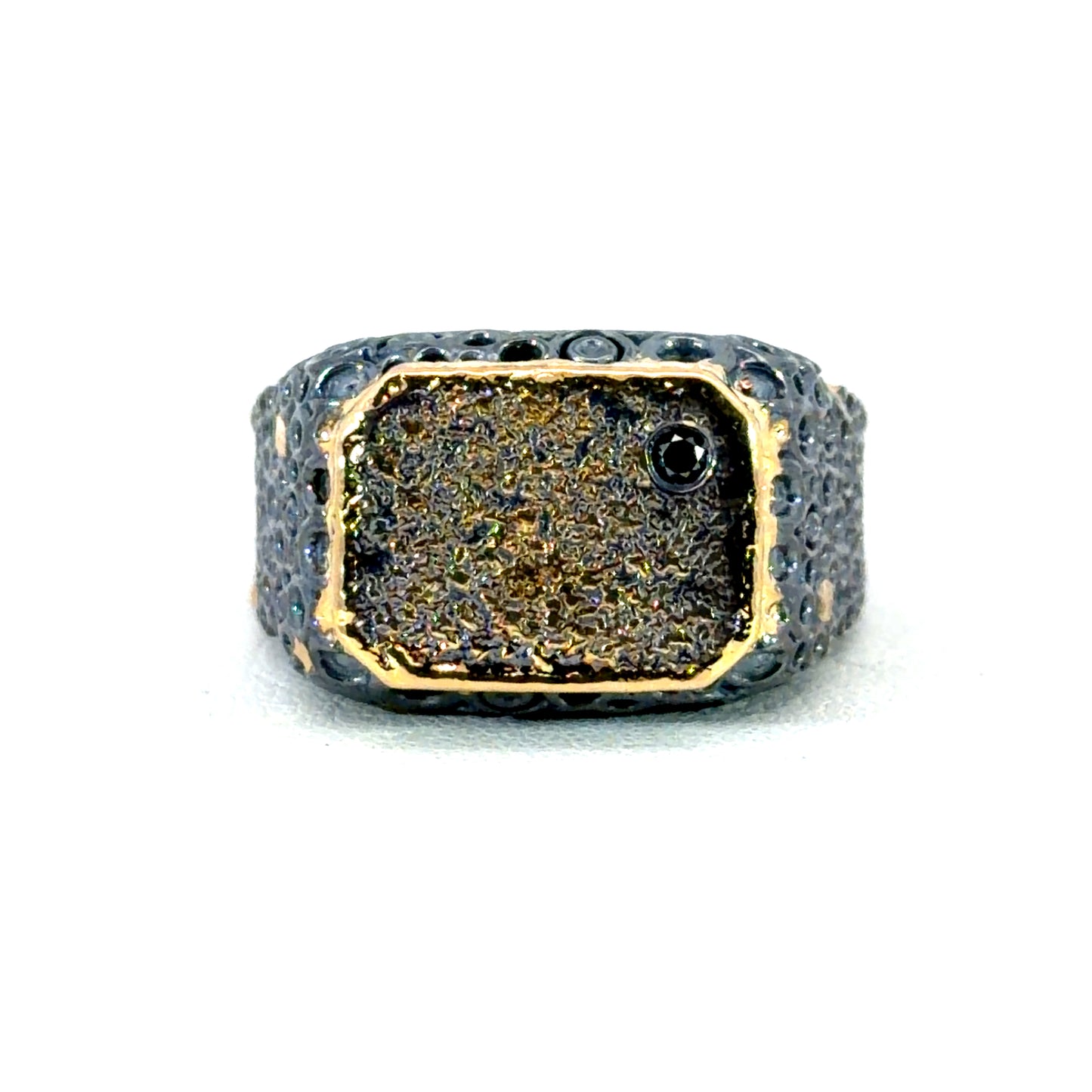 Mens "O" Style Oxidized Sterling Silver and Yellow Gold Ring with Black Diamond