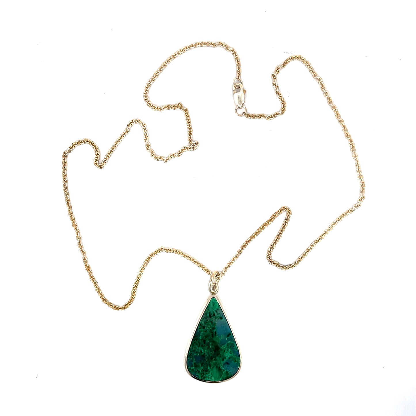 Sterling Silver and 14k Yellow Gold Necklace with a Pear Shaped Chrysocolla Malachite