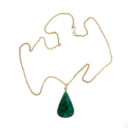 Sterling Silver and 14k Yellow Gold Necklace with a Pear Shaped Chrysocolla Malachite