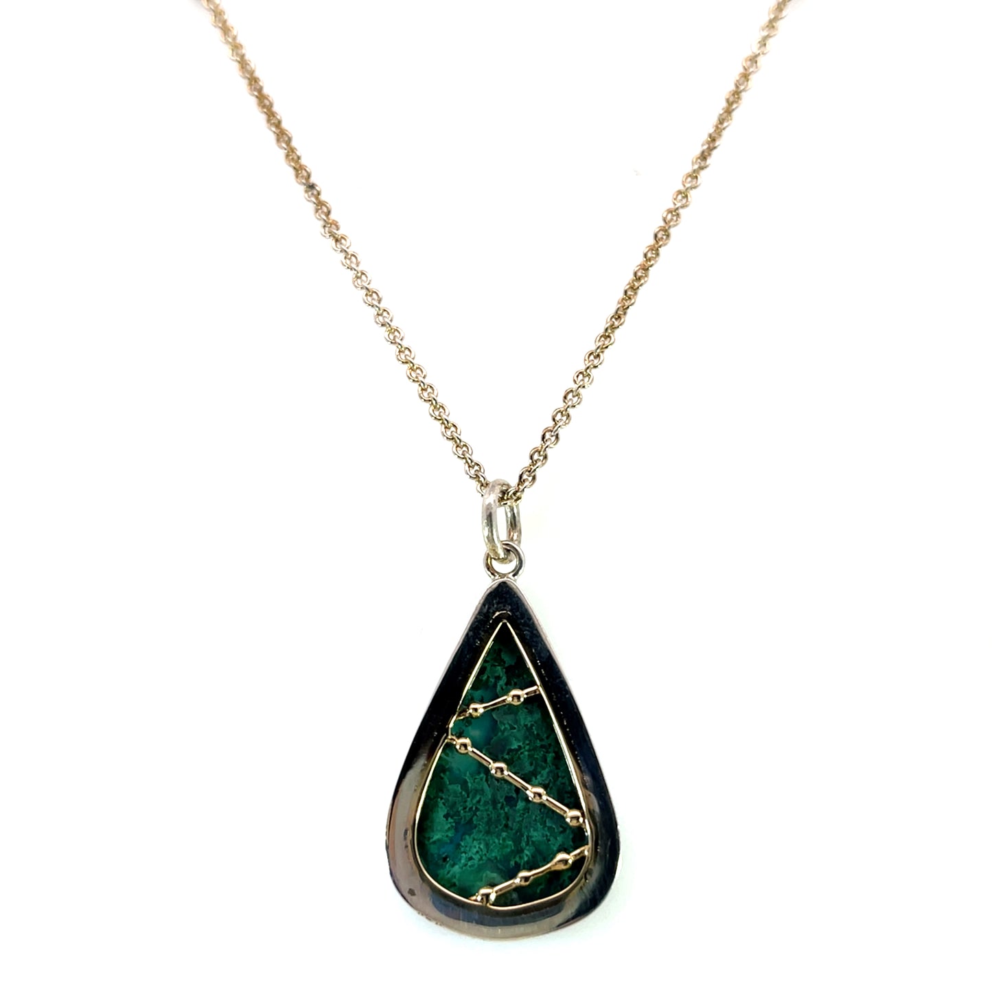 Sterling Silver and 14k Yellow Gold Necklace with a Pear Shaped Chrysocolla Malachite