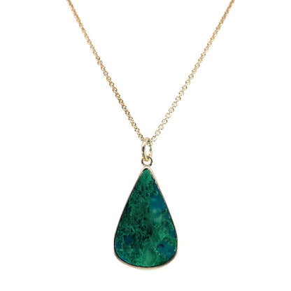 Sterling Silver and 14k Yellow Gold Necklace with a Pear Shaped Chrysocolla Malachite