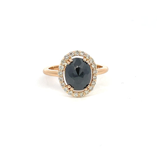 18k Rose Gold Ring with a Black Rose Cut Diamond and a Champagne Diamond Halo
