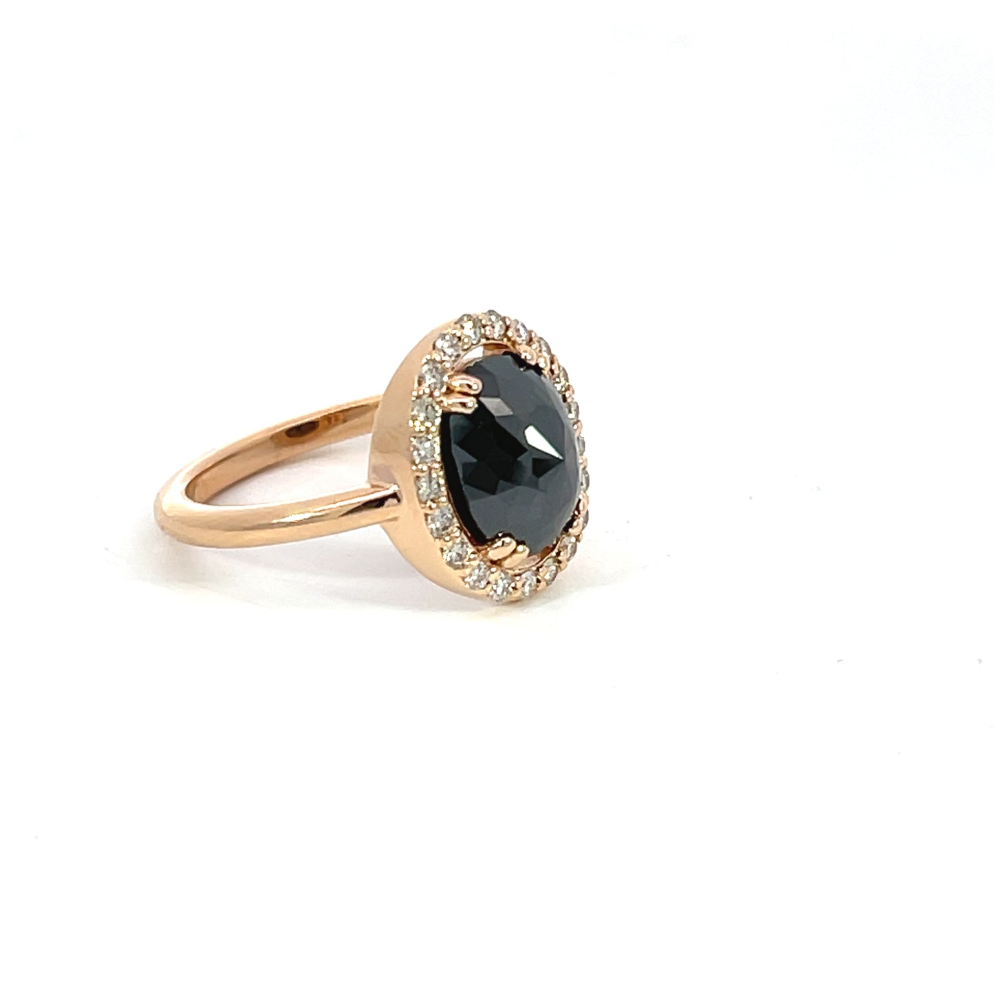 18k Rose Gold Ring with a Black Rose Cut Diamond and a Champagne Diamond Halo