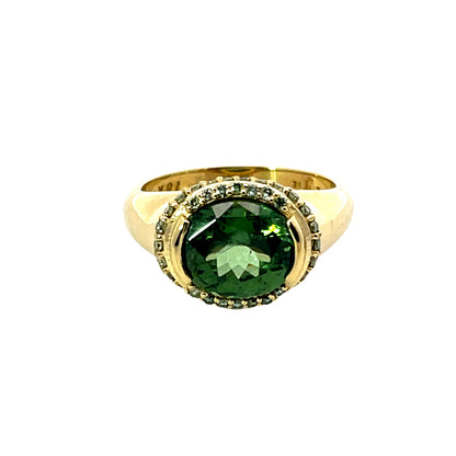18k Yellow Gold Green Zircon Ring with Mint Green Diamonds