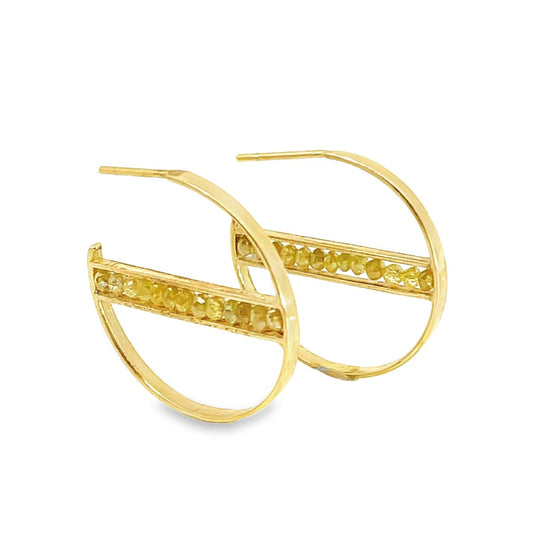 18k Yellow Gold Bar Half Hoops with Yellow Diamonds