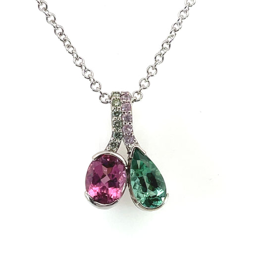 18k White Gold Green Tourmaline and Pink Sapphire Double Pendant