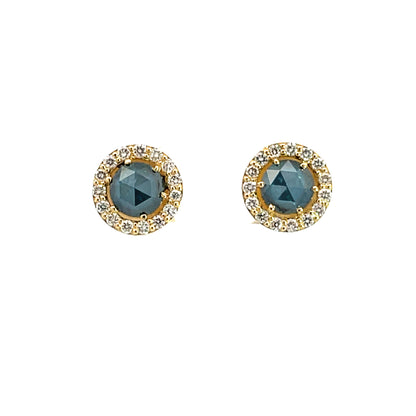 18k Yellow Gold Blue Diamond Halo Stud Earrings