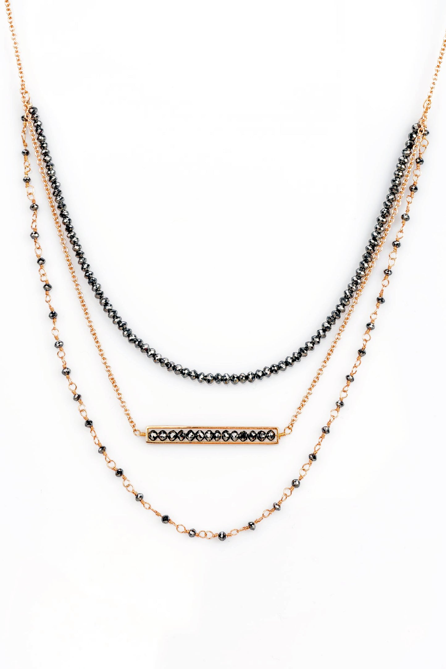 18k Rose Gold Black Diamond Triple Layered Necklace